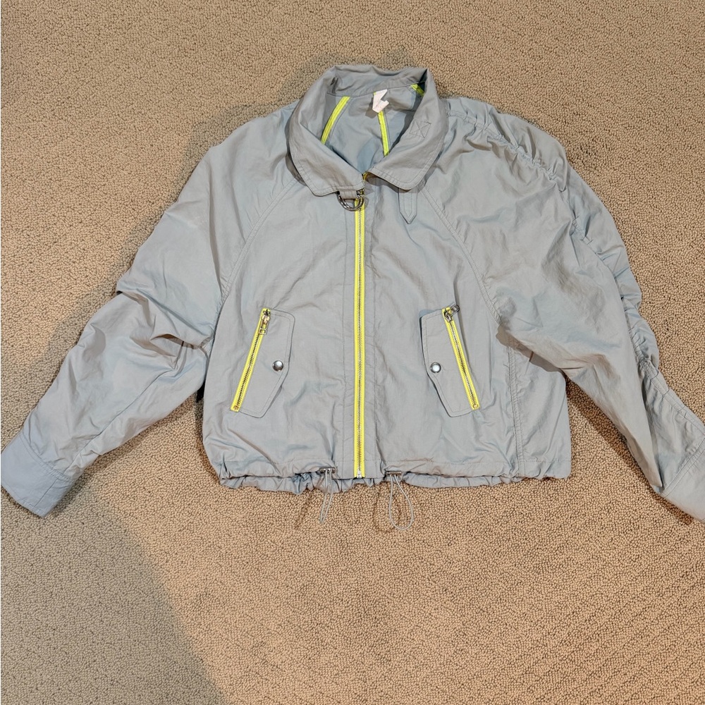 Anthropologie Light Gray Bomber Jacket with Neon Yellow Accents